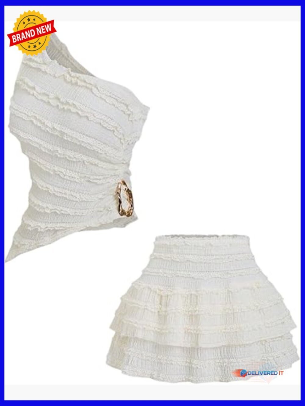 2 Piece Skirt Set One Shoulder Tank Top and Ruffle Layered Mini Skirt Summer